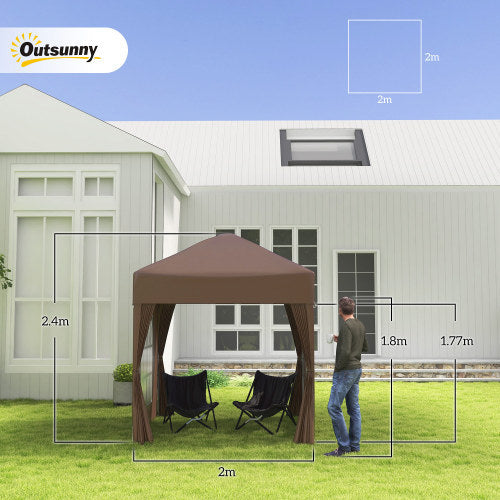Outsunny 2 X 2 M Garden Up Gazebo, Wedding Party Tent Marquee, Water Resistant Awning Canopy With Sidewalls, Windows, Carry Bag, Coffee
