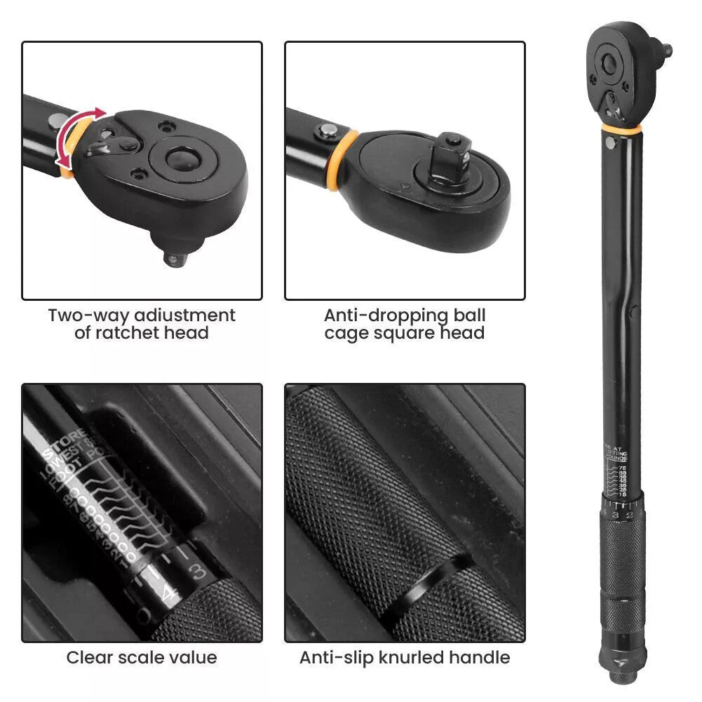 Square Drive Torque Wrench Ratchet 13.6-108.5Nm 10-80Ft-Lb 3 In 1