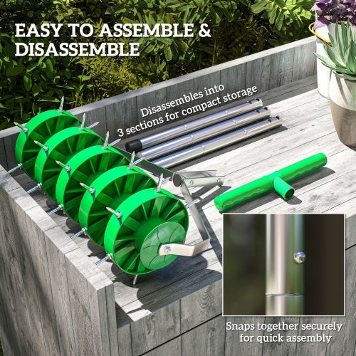 Outsunny Rolling Lawn Aerator, Manual Grass Spike Roller, Heavy Duty Garden Aerator With 3 Piece Detachable Handle And T-bar Grip, Outdoor Garden Lawn Tool, Dark Green