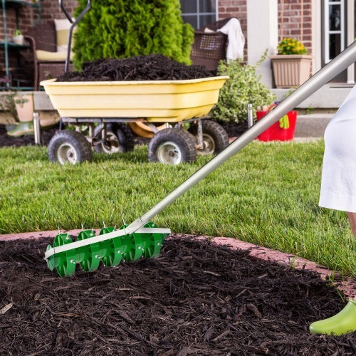 Outsunny Rolling Lawn Aerator, Manual Grass Spike Roller, Heavy Duty Garden Aerator With 3 Piece Detachable Handle And T-bar Grip, Outdoor Garden Lawn Tool, Dark Green