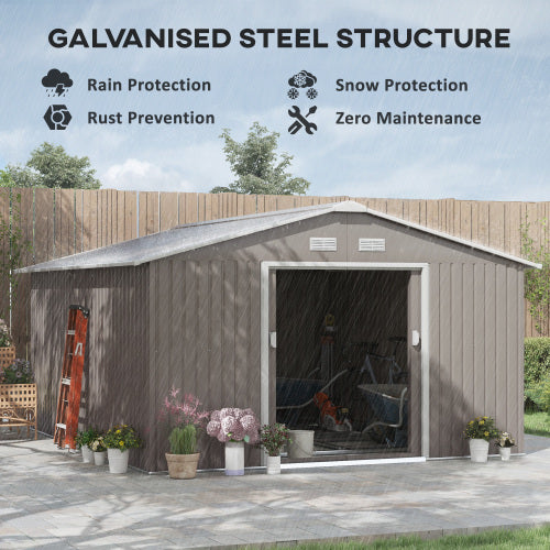 Outsunny 13 X 11ft Large Garden Shed, Mental Garden Storage Shed With Foundation Kit Ventilation & Doors, Light Grey