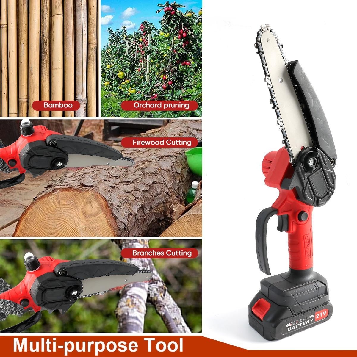 2 Batteries 4000W Mini Cordless Chainsaw Electric One-Hand Saw Wood Cutter