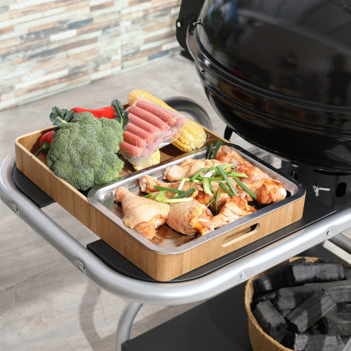 Outsunny Portable Charcoal Kettle Grill Outdoor Barbecue Trolley BBQ Heat Smoker Grilling With 2 Wheels, Storage Shelf And 4 Hooks, Free Standing, Black