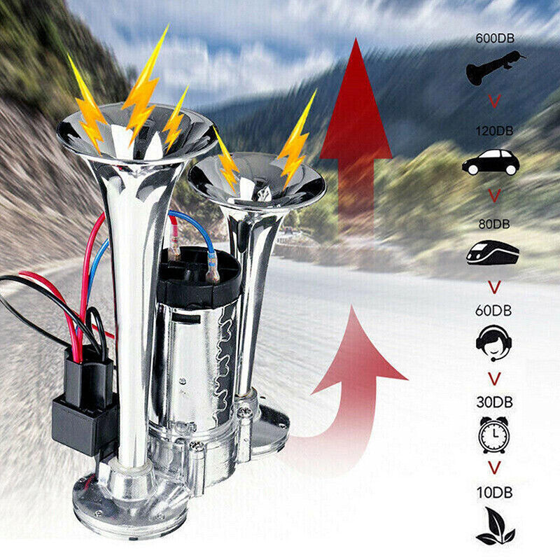 600DB Super Loud Train Air Horn Kit 12V Truck Car Dual Trumpet W Air Compressor