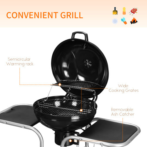Outsunny Portable Charcoal Kettle Grill Outdoor Barbecue Trolley BBQ Heat Smoker Grilling With 2 Wheels, Storage Shelf And 4 Hooks, Free Standing, Black
