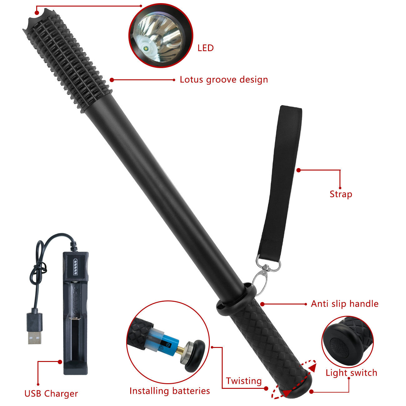 Baseball LED Flashlight Rechargeable Torch Spotlight Emergency Security Work Light 3 Lighting Modes