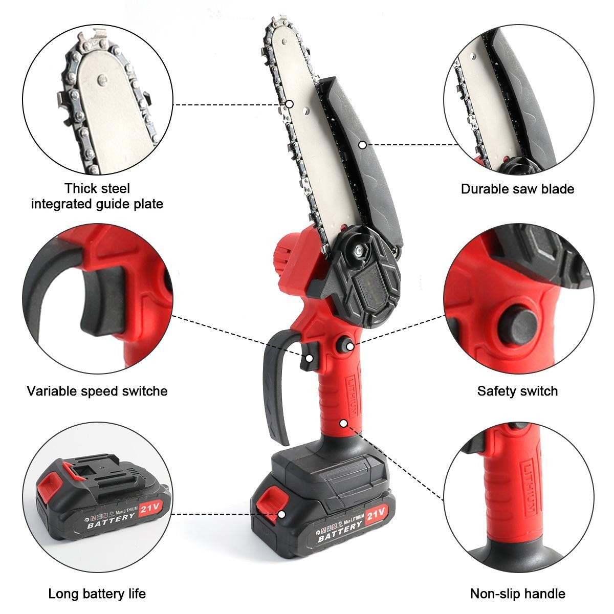 2 Batteries 4000W Mini Cordless Chainsaw Electric One-Hand Saw Wood Cutter