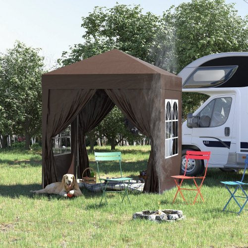 Outsunny 2 X 2 M Garden Up Gazebo, Wedding Party Tent Marquee, Water Resistant Awning Canopy With Sidewalls, Windows, Carry Bag, Coffee