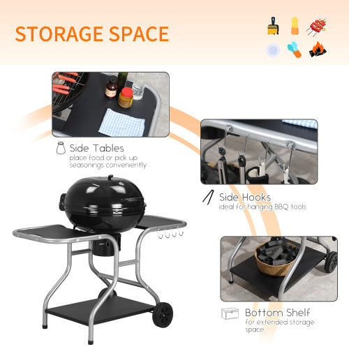 Outsunny Portable Charcoal Kettle Grill Outdoor Barbecue Trolley BBQ Heat Smoker Grilling With 2 Wheels, Storage Shelf And 4 Hooks, Free Standing, Black