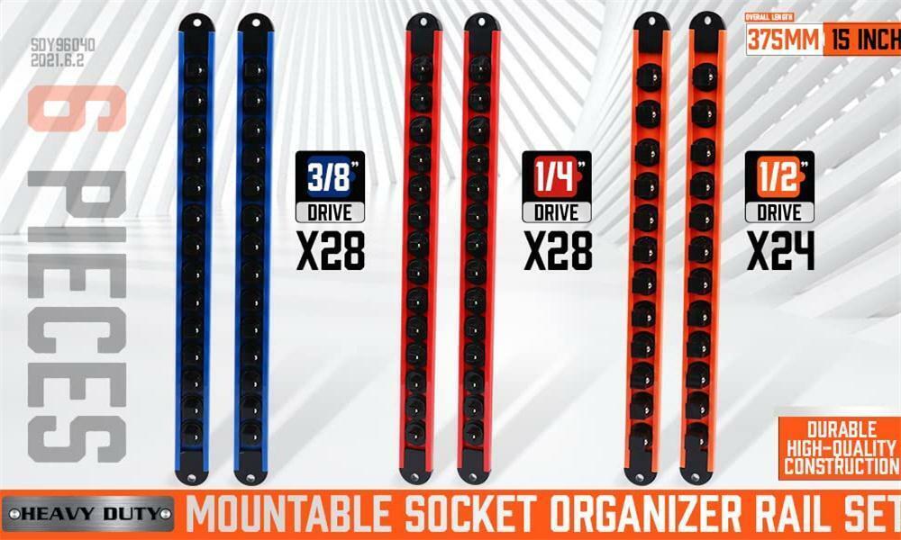 6pc Socket Organizer Mountable Sliding Holder Rail Rack Tool Storage