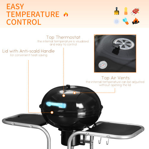 Outsunny Portable Charcoal Kettle Grill Outdoor Barbecue Trolley BBQ Heat Smoker Grilling With 2 Wheels, Storage Shelf And 4 Hooks, Free Standing, Black