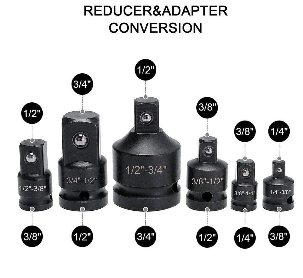 6 X Impact Socket Adapter And Reducer Set Female To Male 1-4 3-8  1-2 3-4