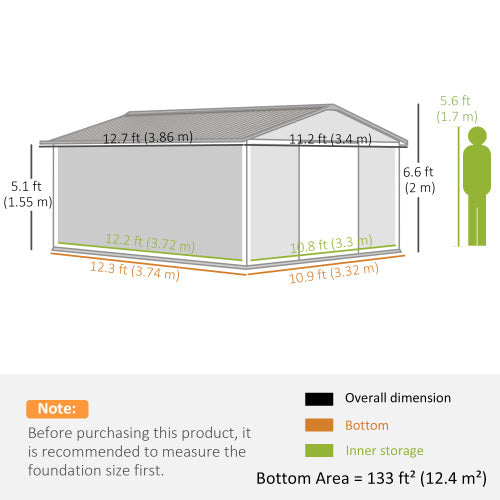 Outsunny 13 X 11ft Large Garden Shed, Mental Garden Storage Shed With Foundation Kit Ventilation & Doors, Light Grey